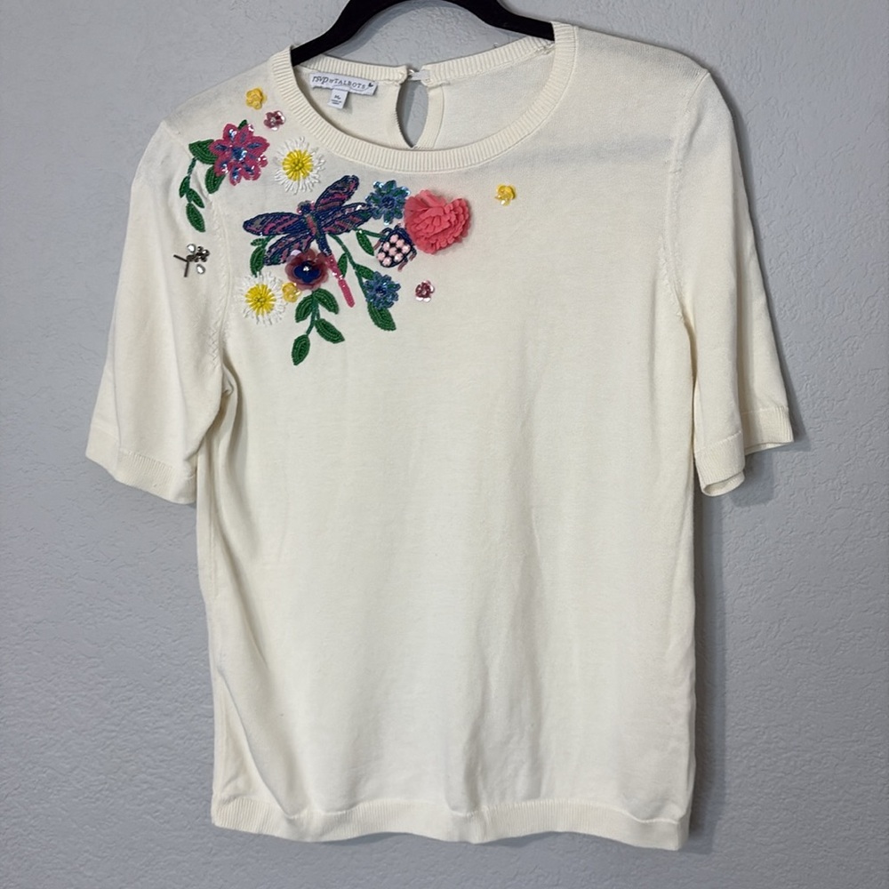 RSVP By Talbots Cream Dragonfly Pullover Short Sleeve Sweater MP - Picture 2 of 6